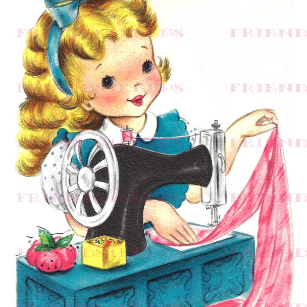 Vintage LITTLE GIRL SEWING on Old-Fashioned Sewing Machine / Dressmaker / Seamstress Greeting Card Image Digital Download 1 jpg 600 dpi