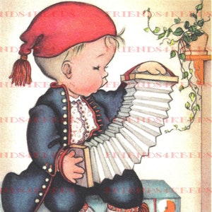 Vintage SCANDINAVIAN Swedish Playing Accordion Printable Greeting Card Image Download digitale 1 jpg 600 dpi, Ars Sacra 1940s
