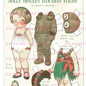 Dolly Dingle’s HAWAIIAN FLIGHT w/ Hula Costume - Flight Suit vintage Paper Doll Digital Download 2jpg 300 and 600 dpi Grace G. Drayton, 1928