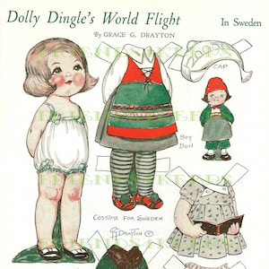 Dolly Dingle's World Flight SUÉCIA Vintage Paper Doll Digital Download 300 e 600 dpi Grace G. Drayton, Pictorial Review Magazine, fevereiro de 1933
