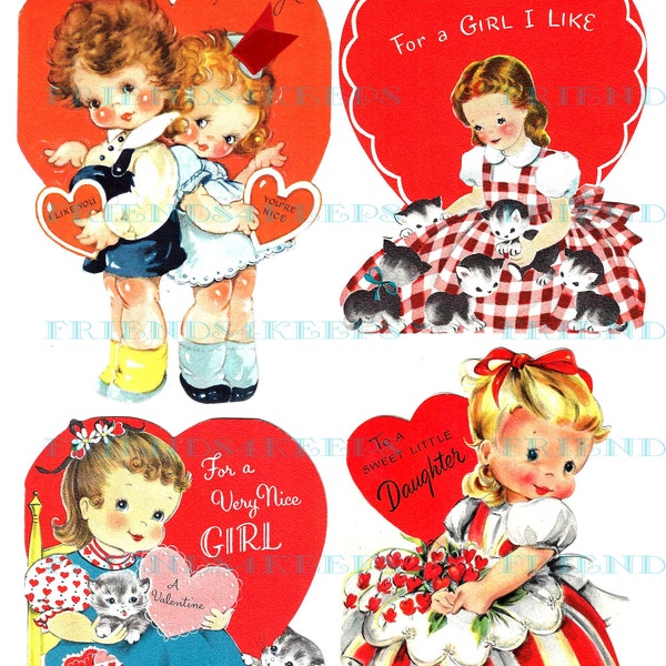 20 Printable VALENTINE'S DAY Vintage Children's Card Images Instant Download--5 jpg files 300 dpi--LOVELY Girls, Boys and Animals