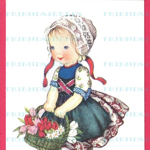 Vintage DUTCH GIRL w / Cesta de flores & Tulipanes tarjeta de felicitación imagen digital Descargar 1 jpg 600 dpi, Ars Sacra 1946