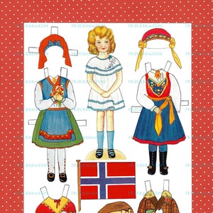 ADATTAMENTO VINTAGE stampabile della bambola di carta norvegese degli anni '30 con costumi Bunad - Download digitale istantaneo 2 jpg 600 e 300 dpi