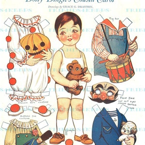 DESCARGA INSTANTÁNEA Dolly Dingle's Cousin HALLOWEEN w / Clown Costume Vintage Paper Doll 2 jpg 300 dpi y 600 dpi, Grace G. Drayton, 1926