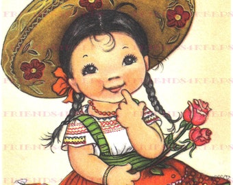 Vintage MEXICAN Central American Hispanic Girl w/ SOMBRERO Printable Greeting Card Image Digital Download 1 jpg 600 dpi, Ars Sacra 1940s