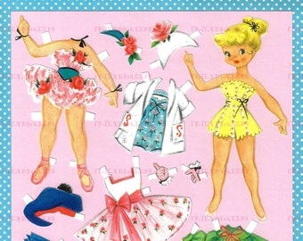 Printable VINTAGE ADAPTATION of 1950s Paper Doll Instant Digital Download 300 & 600 dpi--Lovely Fashions!--Ideal for Play and Party Favor!