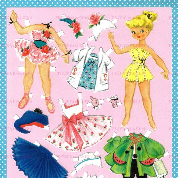 Printable VINTAGE ADAPTATION of 1950s Paper Doll Instant Digital Download 300 & 600 dpi--Lovely Fashions!--Ideal for Play and Party Favor!