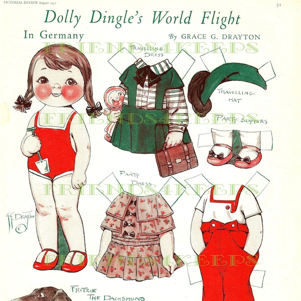 Dolly Dingle's World Flight GERMANY Vintage Paper Doll w/Dog Digital Download 300 & 600 dpi  Grace G. Drayton, Pictorial Review, Aug 1932