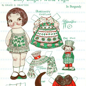 Dolly Dingle&#39;s World Flight BURGUNDY Vintage Paper Doll Descarga digital 300 & 600 dpi Grace G. Drayton, Revista Pictorial Review enero 1933