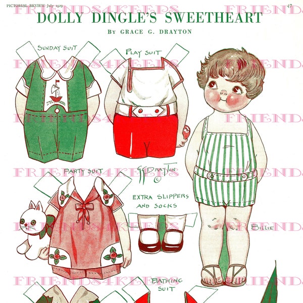 Dolly Dingle's SWEETHEART Boyfriend Vintage Paper Doll Digital Download 300 & 600 dpi  Grace G. Drayton, Pictorial Review Magazine July 1929