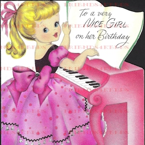Cartão de aniversário para impressão vintage antiquado PIANO GIRL - Download instantâneo 3 arquivos jpg 600 dpi - Pronto para usar: Imprimir, cortar e dobrar!