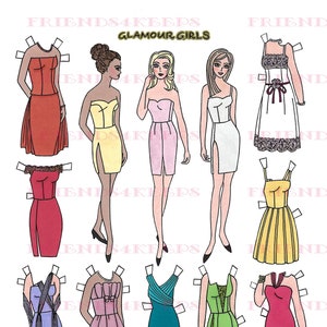 2-Page Imprimible GLAMOUR GIRLS Paper Dolls por Alina Kolluri--Instant Download 2 jpg files 600 dpi--3 Dolls, 24 Dresses--8.5" x 11"