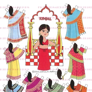 Afdrukbare SARI GIRLS "KINJAL" Kostuums van India Digital Paper Doll Instant Download 600 dpi door Alina Kolluri--Print op 8,5" x 11" papier