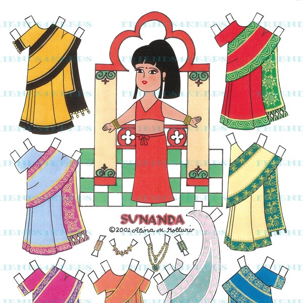 Printable SARI GIRLS "SUNANDA" Costumes of India Paper Doll Instant Download 600 dpi by Artist Alina Kolluri--Print on 8.5" x 11" Paper
