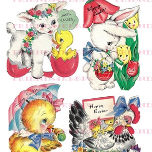EASTER ANIMALS Vintage Greeting Cards Digital Download--4 Greeting Card Images on 2 jpg files 300 dpi and 600 dpi--Sweet and Whimsical!