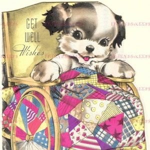 CHIOT EN FAUTEUIL ROULANT vintage carte de voeux de rétablissement imprimable Image en téléchargement numérique instantané 1 fichier jpg 600 dpi--Adorable oeuvre d'art des années 30