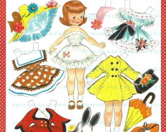 Printable VINTAGE ADAPTATION of 1950s Paper Doll Instant Digital Download 300 & 600 dpi--Lovely Fashions!--Ideal for Play and Party Favor!