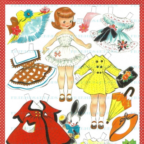 Printable VINTAGE ADAPTATION of 1950s Paper Doll Instant Digital Download 300 & 600 dpi--Lovely Fashions!--Ideal for Play and Party Favor!