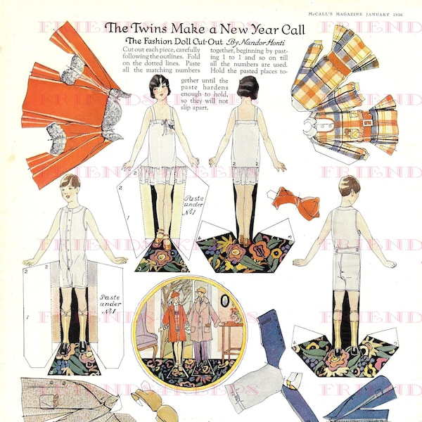 ART DECO TWINS Stylish Boy and Girl Double-Sided Paper Doll Digital Download  1 jpg 600 dpi--McCall's Magazine, 1926