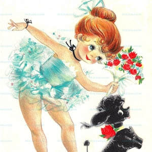 BAILARINA com filhote de cachorro Poodle para impressão Cartão de saudação de balé vintage Imagem--1 jpg 600 dpi--Download digital instantâneo ca 1950s