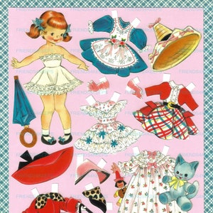 ADAPTACIÓN VINTAGE imprimible de muñeca de papel de los años 50. Descarga digital instantánea de 300 y 600 ppp. ¡Modas encantadoras! Ideales para jugar y como recuerdo de fiesta.