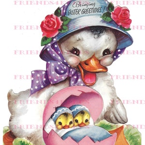 MAMA DUCK mit Entenvögeln Vintage Ostergrußkarte Bild Digital Download 1 jpg Datei 600 dpi--adorable Marjorie Cooper Artwork, 1940er Jahre