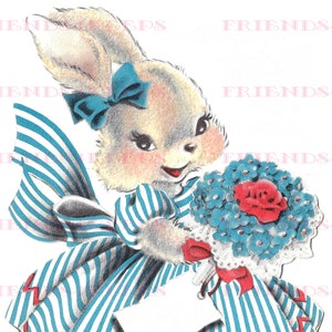 FANCY DRESS BUNNY Konijn w / Boeket Afdrukbare Wenskaart Afbeelding Digitaal Downloaden 1 jpg bestand 600 dpi -- Schattig Artwork