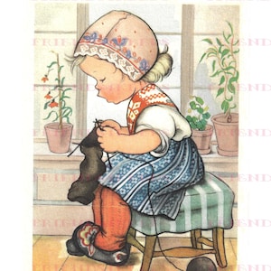 Vintage fille suédoise scandinave tricotant des chaussettes carte de voeux Image en téléchargement numérique 1 jpg 600 dpi, Ars Sacra des années 1940