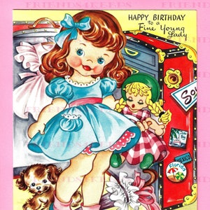 3 jpg Dateien 600 dpi SOFORTIGER DOWNLOAD Vintage Mädchen mit Puppenrüssel Front-n-Back Geburtstags-Grußkarte von Fairfield