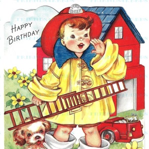 Vintage BOY FIRE CHIEF Pompiere con Ladder & Puppy Biglietto di auguri di compleanno stampabile Immagine Instant Digital Download 2 jpg 600 dpi, ca anni '50