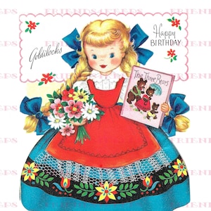Cartão de aniversário vintage GOLDILOCKS frente e verso da Fairfield Instant Digital Download 2 arquivos jpg 600 dpi