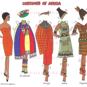 2 Printable COLORFUL COSTUMES of AFRICA Digital Paper Dolls--2 jpgs 600 dpi Instant Downloads by Alina Kolluri--Print on 8.5" x 11" Paper
