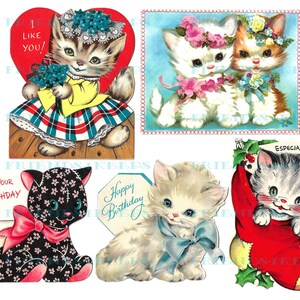 May include: Five vintage Valentine's Day cards featuring kittens. The cards have different messages, including "I like you!" and "Happy Birthday".