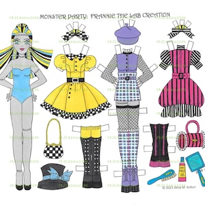 May include: A paper doll set featuring a monster girl named Frannie. The set includes a gray-skinned doll with blue hair, a yellow dress with black and white checkered trim, a purple and black dress with a black belt, a blue and black plaid skirt, a black corset, a black and white checkered purse, a blue hat with a white bow, black boots, a purple beret, a black and white striped purse, a blue and white striped mirror, a blue hairbrush, and a tube of anti-frizz gel.