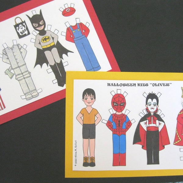 Printable HALLOWEEN Paper Doll "OLIVER" w/7 Costumes Instant Digital Download 2 jpg 600 dpi by Alina Kolluri--Super-Hero, Dracula, Mario!