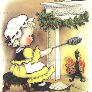 INSTANT DOWNLOAD 1940 Vintage "Colonial Girl Popping Corn in Fireplace" Stampabile Biglietto d'auguri di Natale ClipArt Immagine--600 dpi