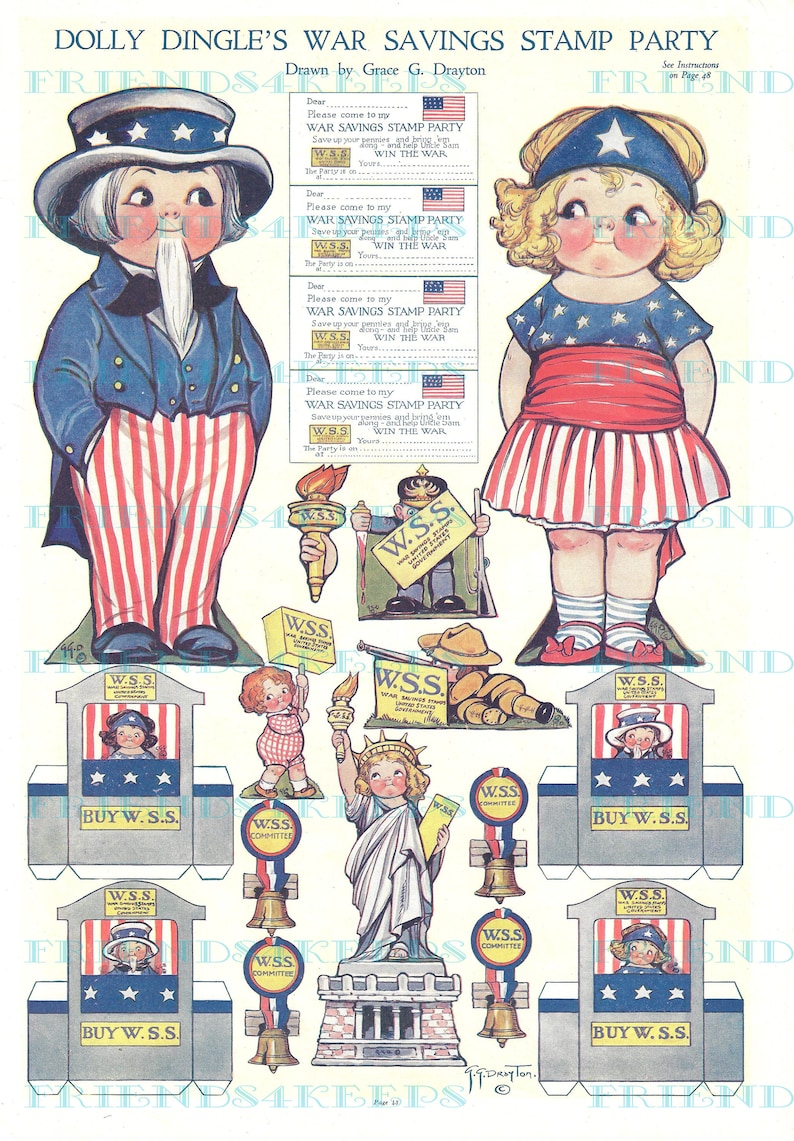 May include: A vintage illustration of a paper doll set featuring a boy and girl dressed in red, white, and blue patriotic outfits. The illustration includes text that reads "Dolly Dingle's War Savings Stamp Party" and "W.S.S. War Savings Stamps." The illustration also includes various cut-out figures of people and objects, including a Statue of Liberty, a bell, and a torch.