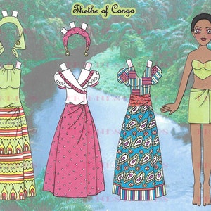 Imprimible THETHE OF CONGO African Costume Paper Doll por Alina Kolluri--Instant Digital Download 1 jpg 600 dpi--Print on 8.5&quot; x 11&quot; Paper