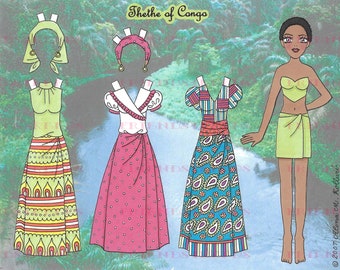 Printable THETHE OF CONGO African Costume Paper Doll by Alina Kolluri--Instant Digital Download 1 jpg 600 dpi--Print on 8.5" x 11" Paper