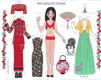 TRAJES da CHINA Boneca de papel para impressão de menina chinesa / asiática Download digital 1 jpg 600dpi por Alina Kolluri - Imprimir em papel 8,5 "x 11"