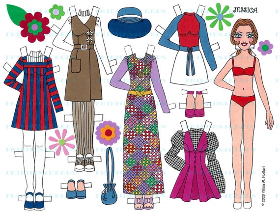 Printable MOD DOLLIES "Jessica" Instant Download 1 jpg 600 dpi Digital Paper Doll of the 1960s-70s by Alina Kolluri--Print on 8.5"x11" Paper