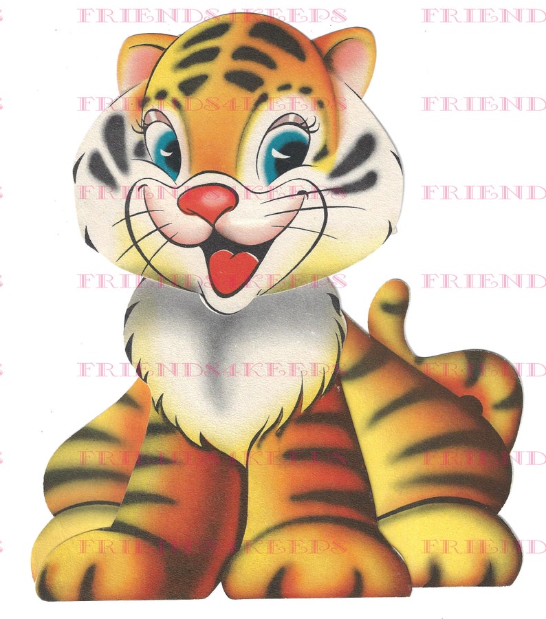 May include: A cartoon tiger with orange and black stripes, blue eyes, and a pink nose. The tiger is smiling and has its tongue sticking out. The tiger is sitting on a white background.