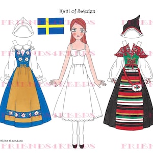 Printable SWEDISH COSTUMES &quot;Katti&quot; Paper Doll Instant Digital Download 1 jpg 600 dpi by Artist Alina Kolluri--Print on 8.5&quot; x 11&quot; Paper