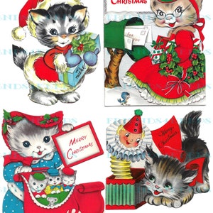 May include: Four vintage Christmas cards featuring cute cats. The first card shows a gray and white cat wearing a red Santa hat and holding a gift. The second card shows a cat wearing a red dress and glasses, holding a letter and a holly sprig. The third card shows a cat wearing a blue dress and pulling a red sled with three kittens. The fourth card shows a cat wearing a red bow and looking at a toy jack-in-the-box.