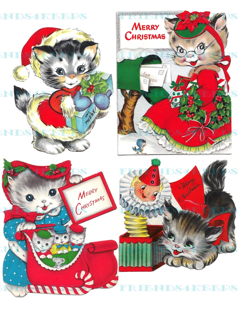 May include: Four vintage Christmas cards featuring cute cats. The first card shows a gray and white cat wearing a red Santa hat and holding a gift. The second card shows a cat wearing a red dress and glasses, holding a letter and a holly sprig. The third card shows a cat wearing a blue dress and pulling a red sled with three kittens. The fourth card shows a cat wearing a red bow and looking at a toy jack-in-the-box.