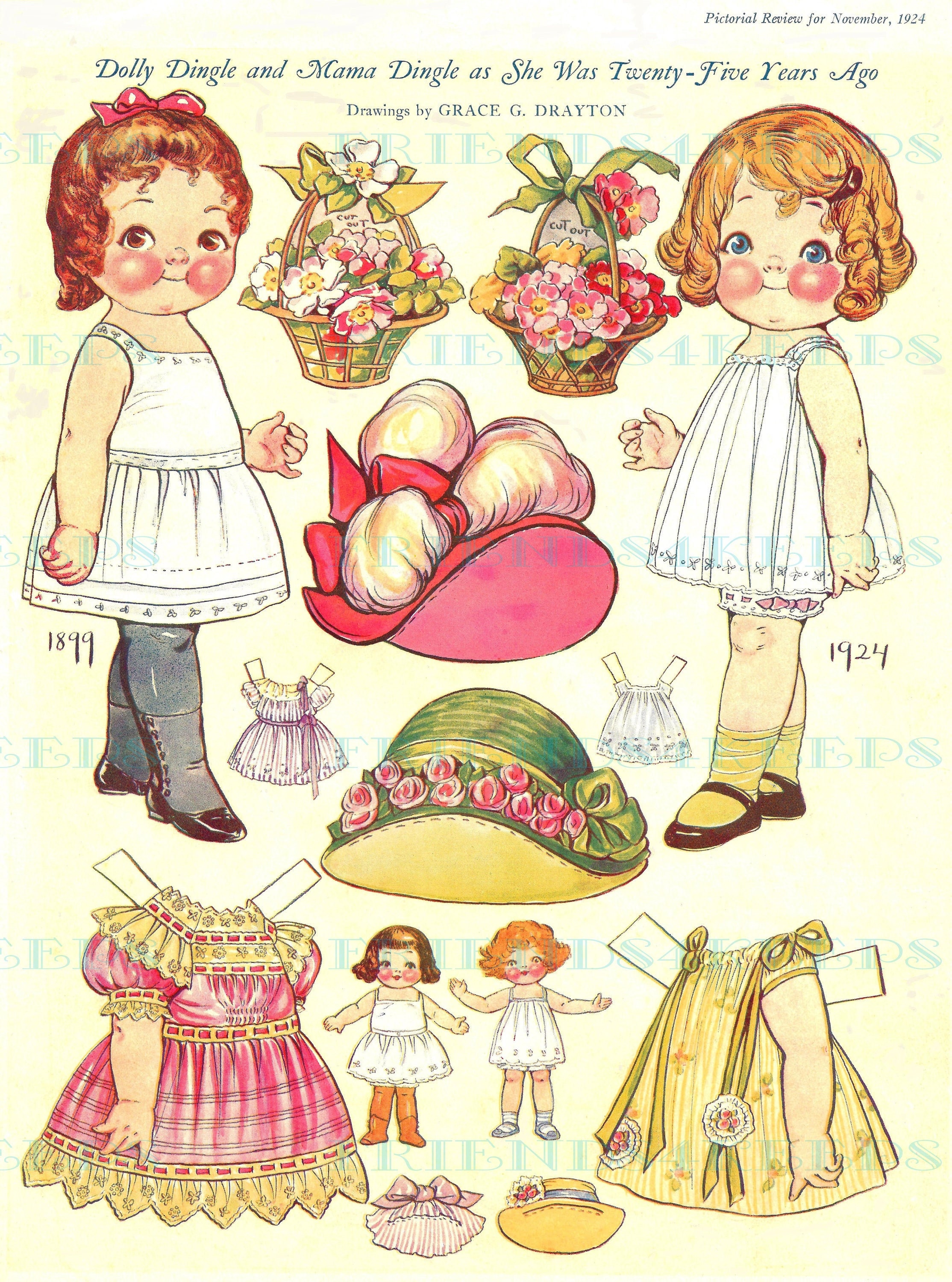 Dolly und Mama Dingle Printable Vintage Paper Doll Digital Download 1 jpg 300 dpi und 1 jpg 600 dpi, Grace G. Drayton, Pictorial Bewertung 1924