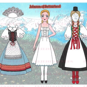 Printable SWISS National Costumes "Johanna" Alpine Paper Doll INSTANT DOWNLOAD 1 jpg 600 dpi by Alina Kolluri--Print on 8.5" x 11" Paper