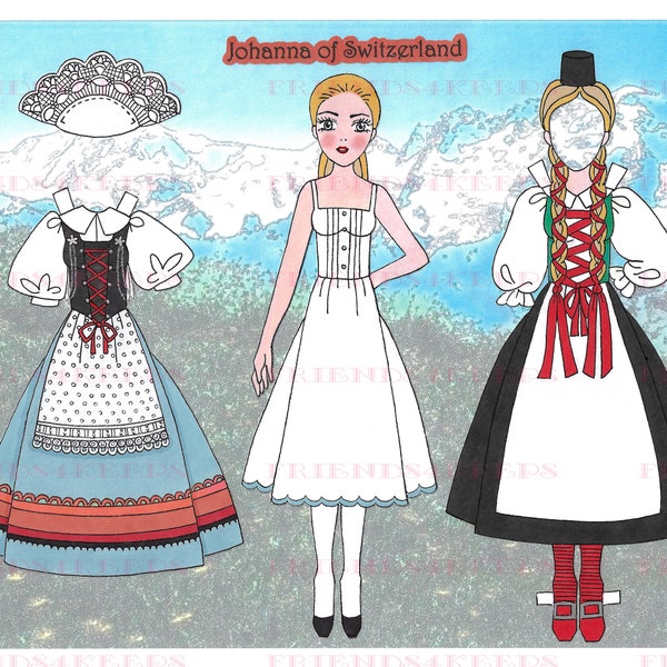 Printable SWISS National Costumes "Johanna" Alpine Paper Doll INSTANT DOWNLOAD 1 jpg 600 dpi by Alina Kolluri--Print on 8.5" x 11" Paper