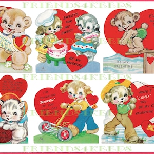 12 Afdrukbare Vintage Children&#39;s VALENTINE&#39;S DAY CARDS Digitale Download--2 jpg bestanden 300 dpi/ 2 jpg bestanden 600 dpi--Schattige dieren en meisjes