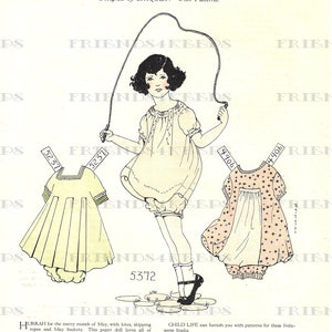 May include: A vintage illustration of a girl playing jump rope with two doll dresses. The doll dresses are in pink and yellow with floral patterns. The text on the page reads "Your Dress and Dolly's" and "Child Life".